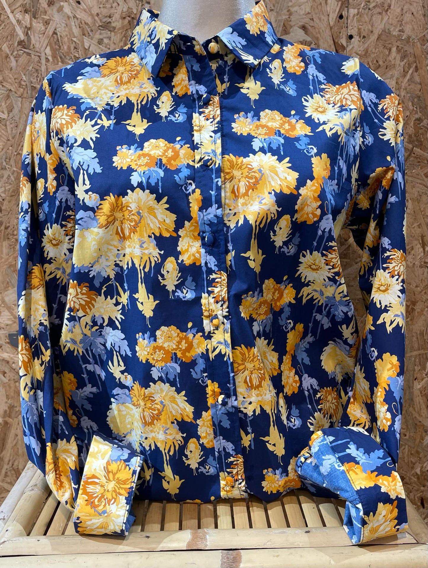 Chemisier floral bleu et moutarde - 100 % Coton